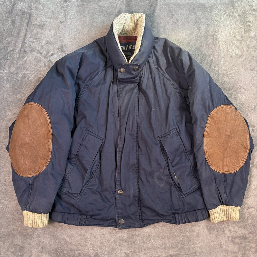 Vintage 90s Nautica Down Bomber Puffer Jacket Men's L Navy Blue Elbow Patches